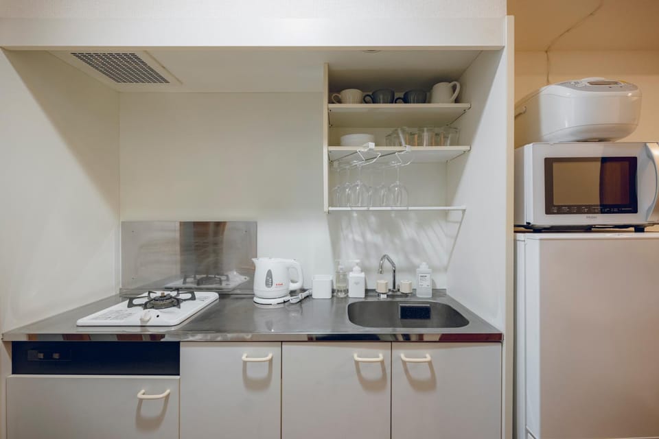 Kitchen or kitchenette, microwave, stove