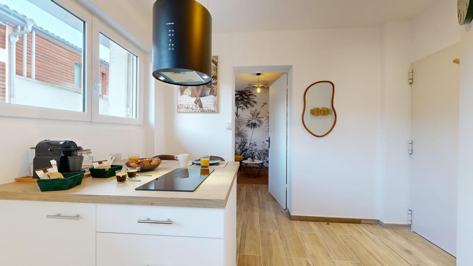 Kitchen or kitchenette, stove