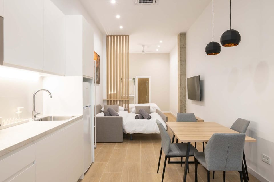Bed, TV and multimedia, Kitchen or kitchenette, Living room, Seating area