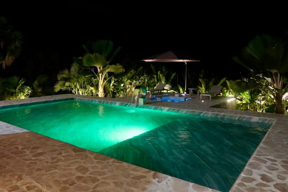 Night, Pool view, Swimming pool, sunbed