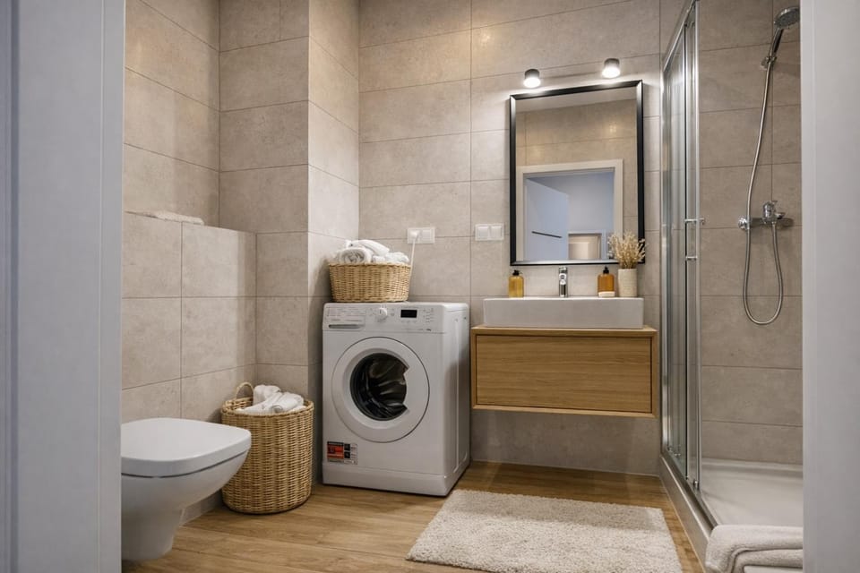 Shower, Toilet, Bathroom, towels, washing machine, dryer