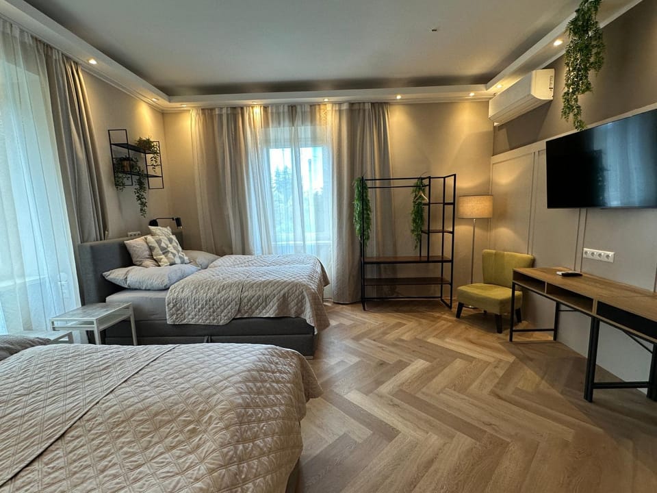 Bed, TV and multimedia, Living room, Photo of the whole room, Seating area, Bedroom, air conditioner