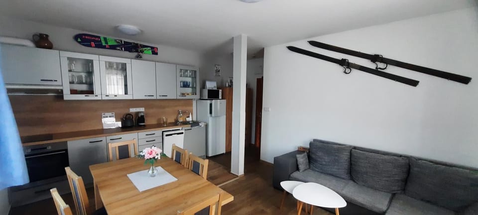 Kitchen or kitchenette, Living room, Seating area, Dining area