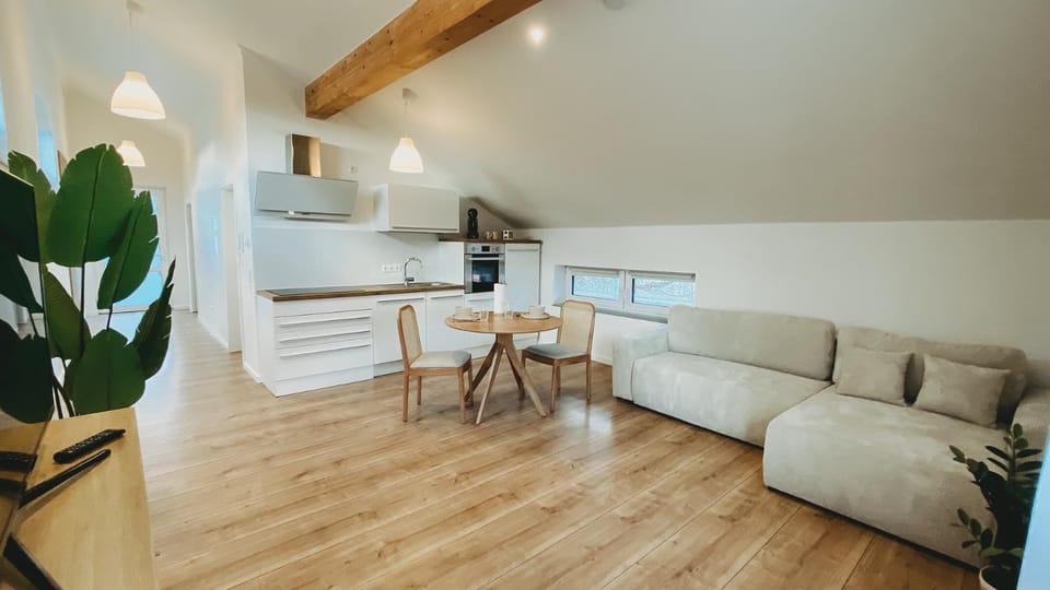 Kitchen or kitchenette, Living room, Seating area, Dining area
