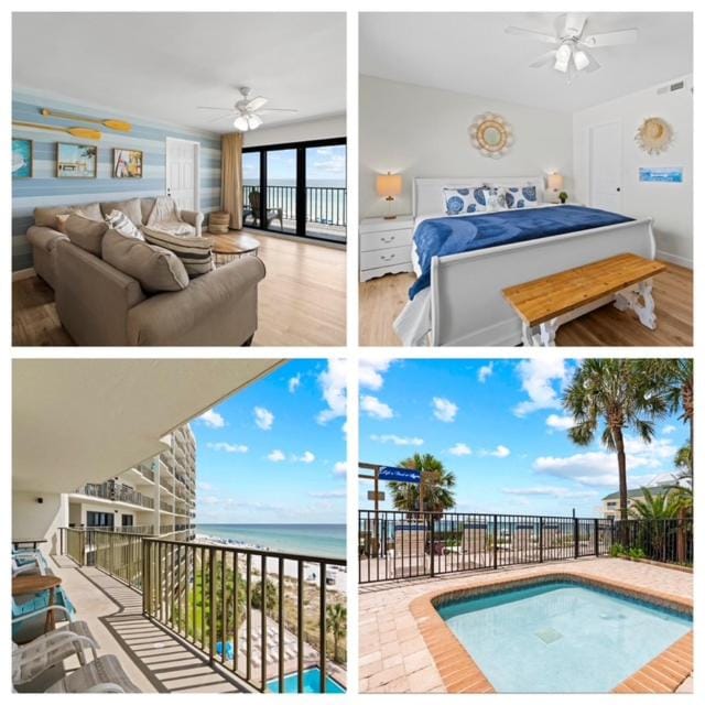 Bed, Day, Natural landscape, View (from property/room), Balcony/Terrace, Living room, Photo of the whole room, Seating area, Bedroom, Pool view, Sea view, Swimming pool, sunbed