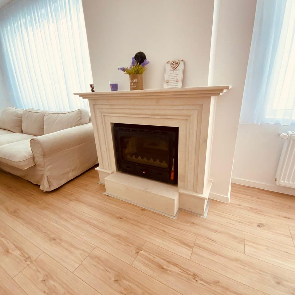 Living room, Seating area, fireplace, flat iron