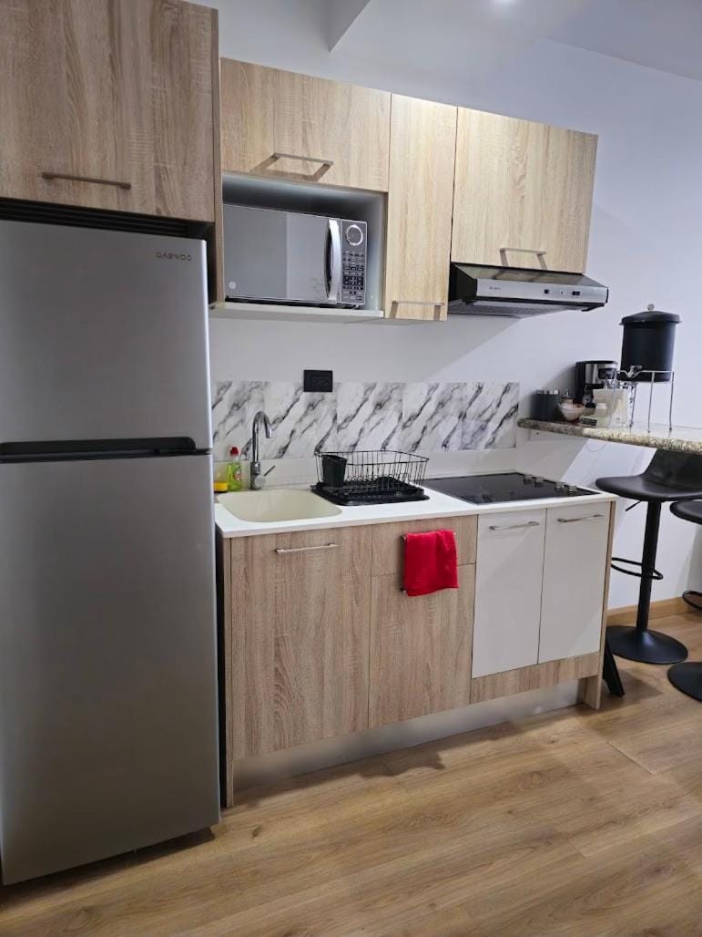 Kitchen or kitchenette, microwave, stove