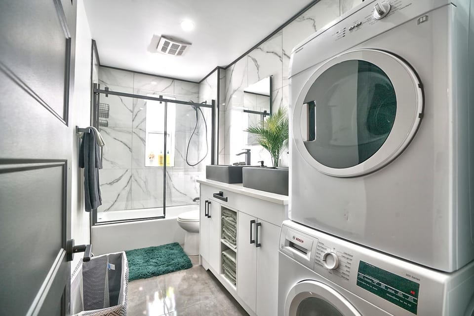 Bathroom, towels, washing machine, dryer