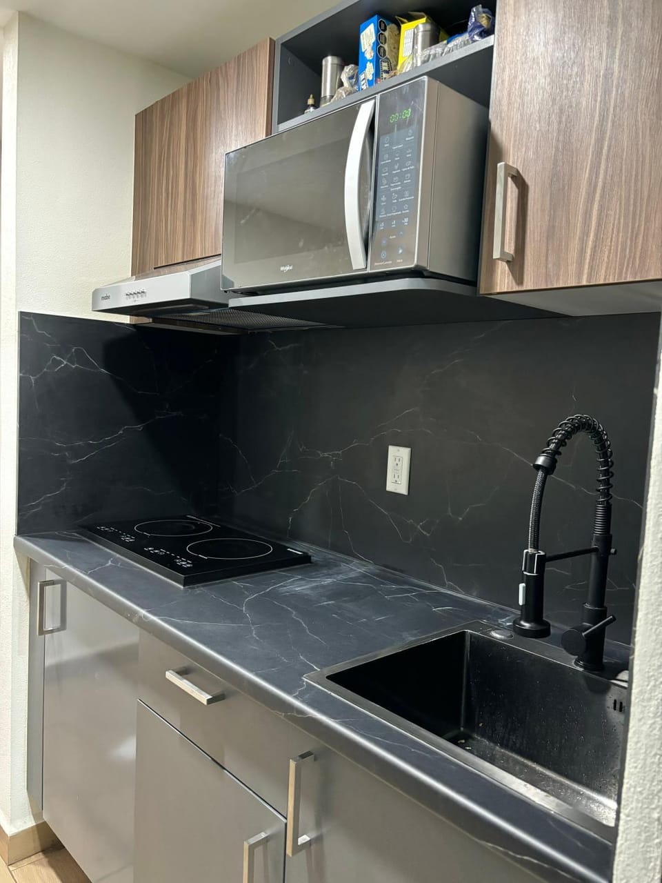 Kitchen or kitchenette, stove
