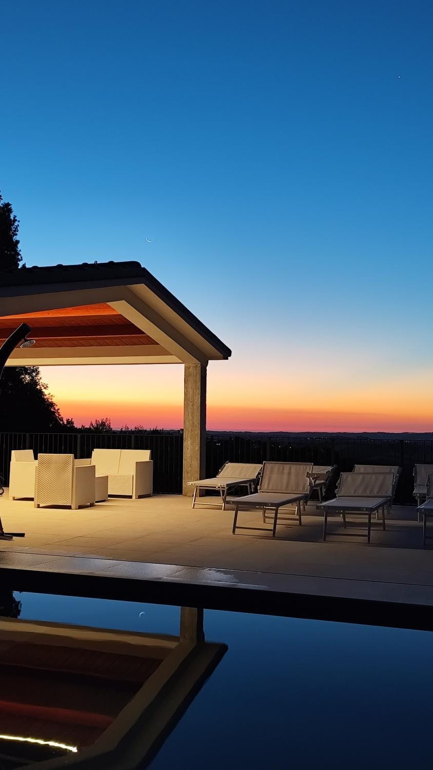 Natural landscape, View (from property/room), Swimming pool, Sunset, sunbed