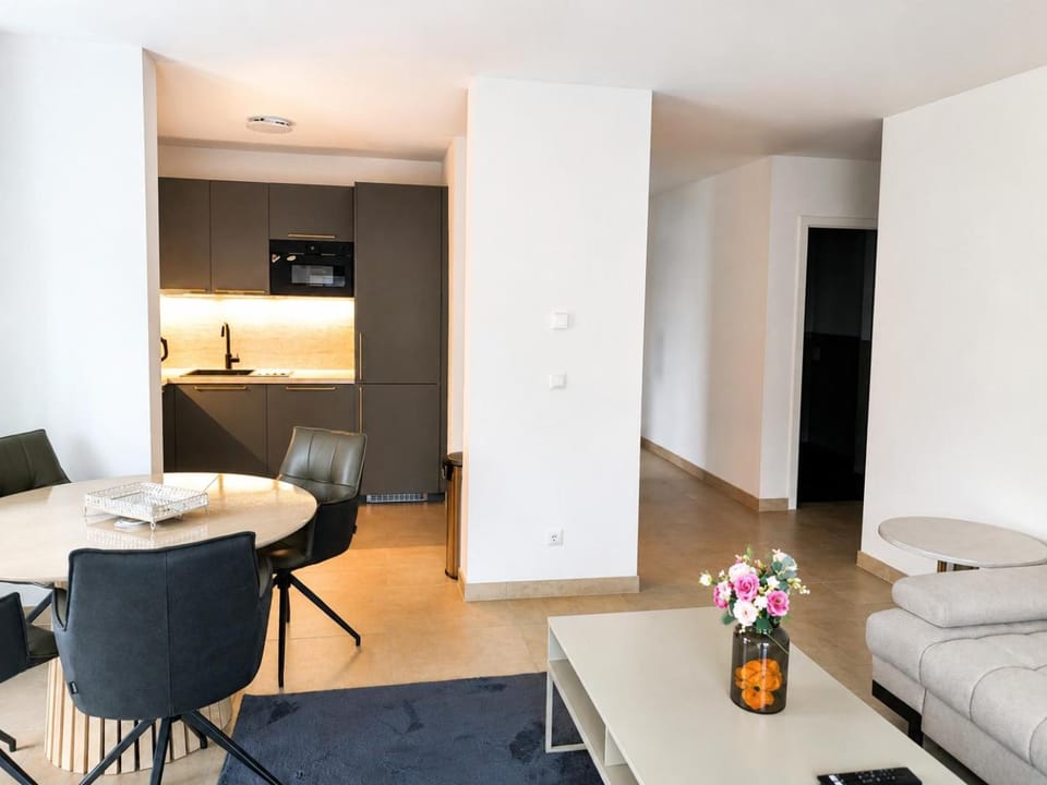 Kitchen or kitchenette, Living room, Seating area, Dining area