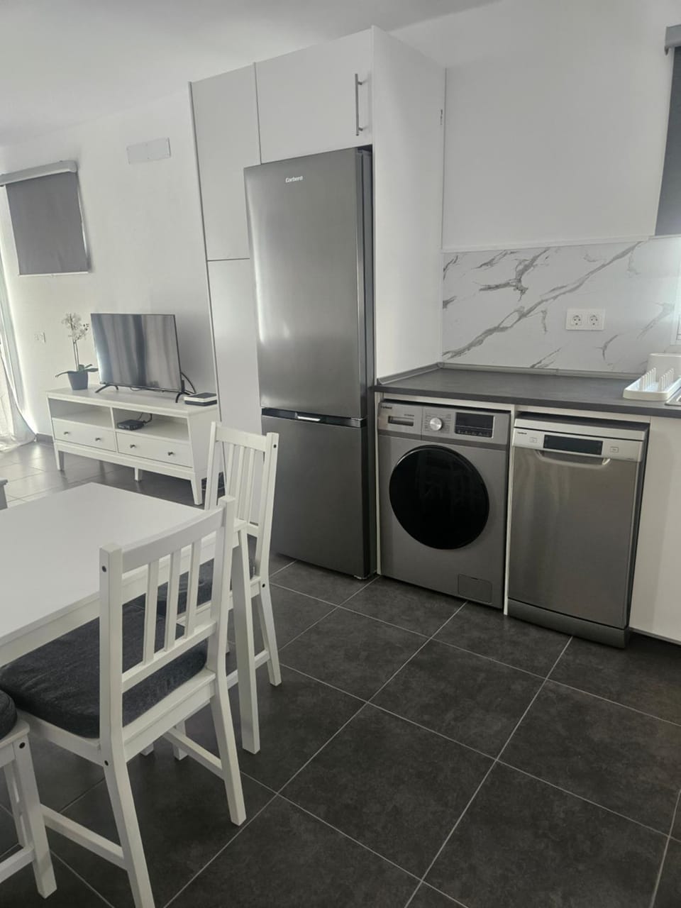 Kitchen or kitchenette, Dining area, dishwasher, washing machine
