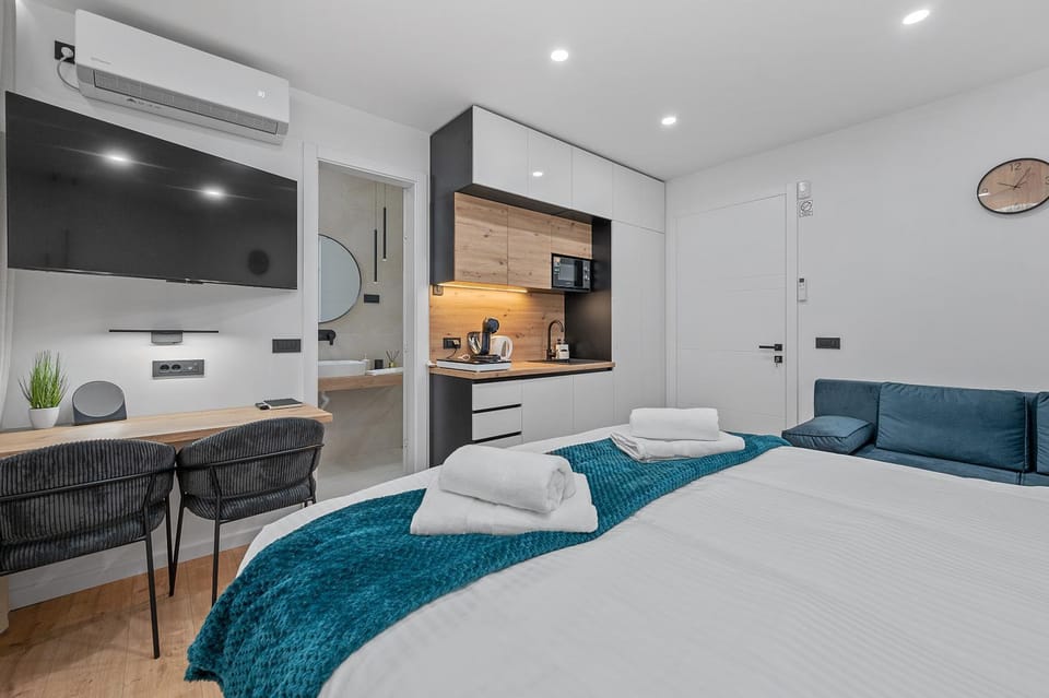 Bed, TV and multimedia, Kitchen or kitchenette, Photo of the whole room, Bedroom, air conditioner