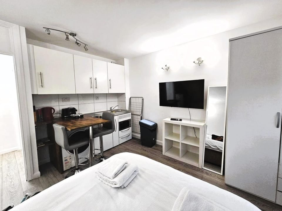 Bed, TV and multimedia, Kitchen or kitchenette, Photo of the whole room, stove, wardrobe