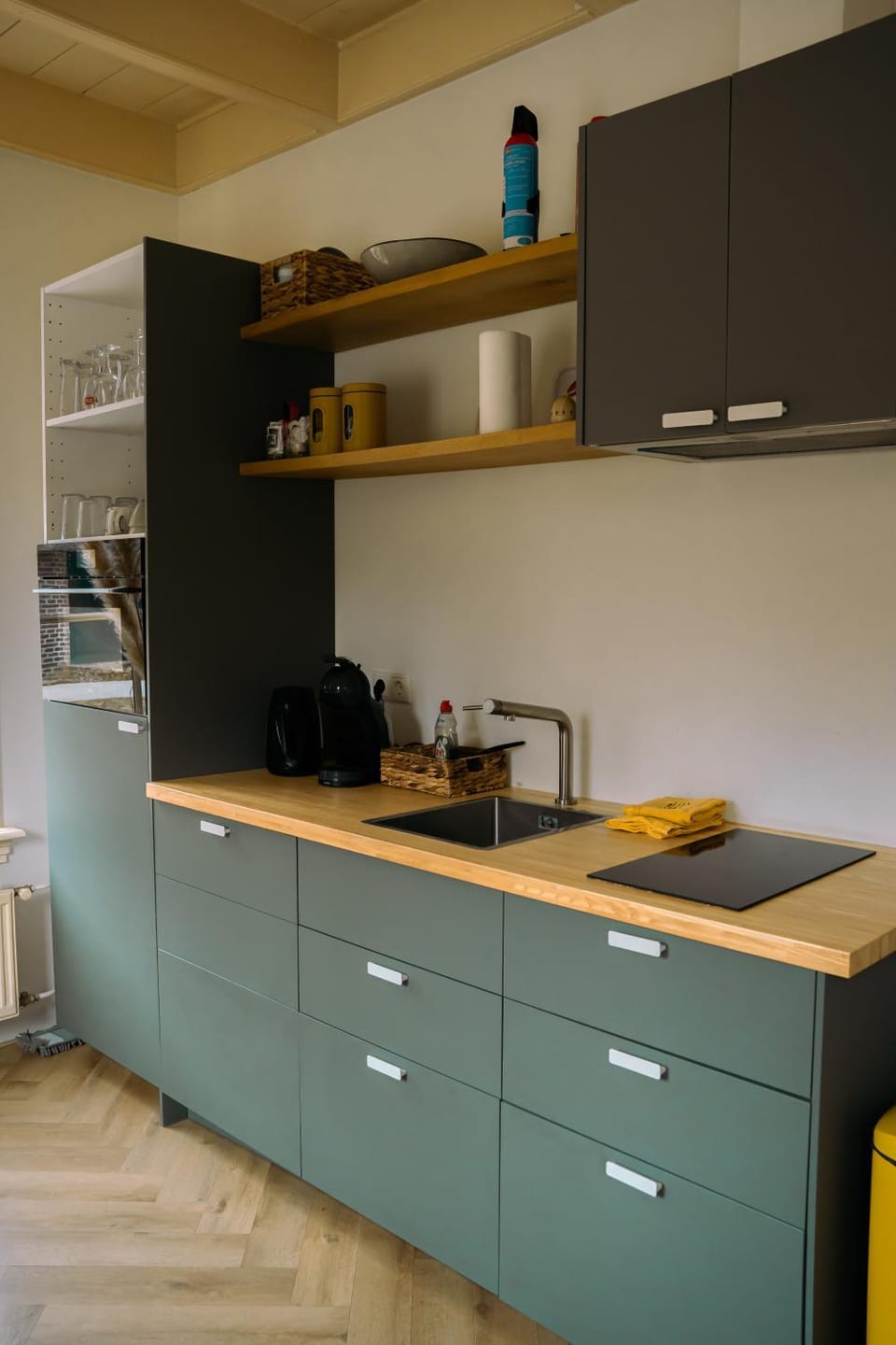 Kitchen or kitchenette, stove
