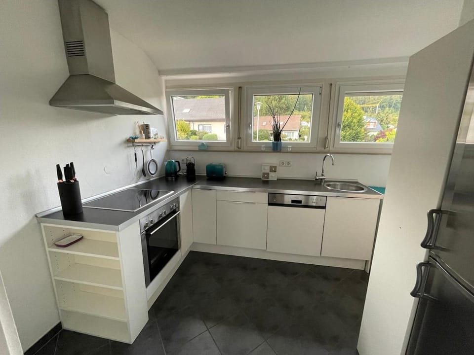 Kitchen or kitchenette, dishwasher, oven, stove