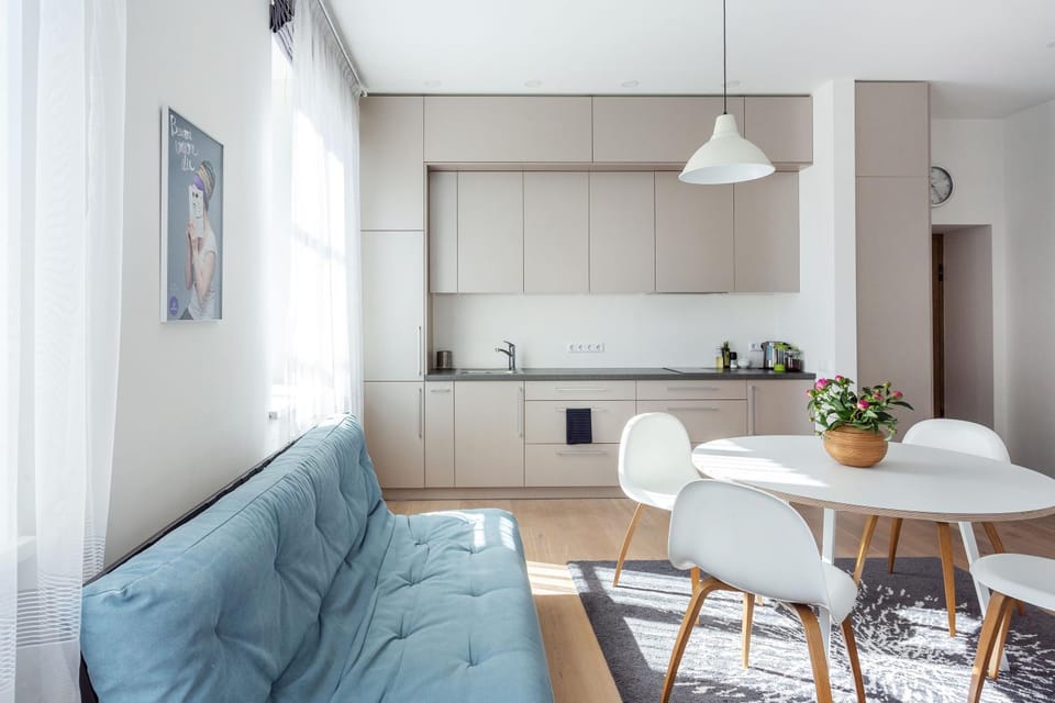 Kitchen or kitchenette, Living room, Dining area, stove
