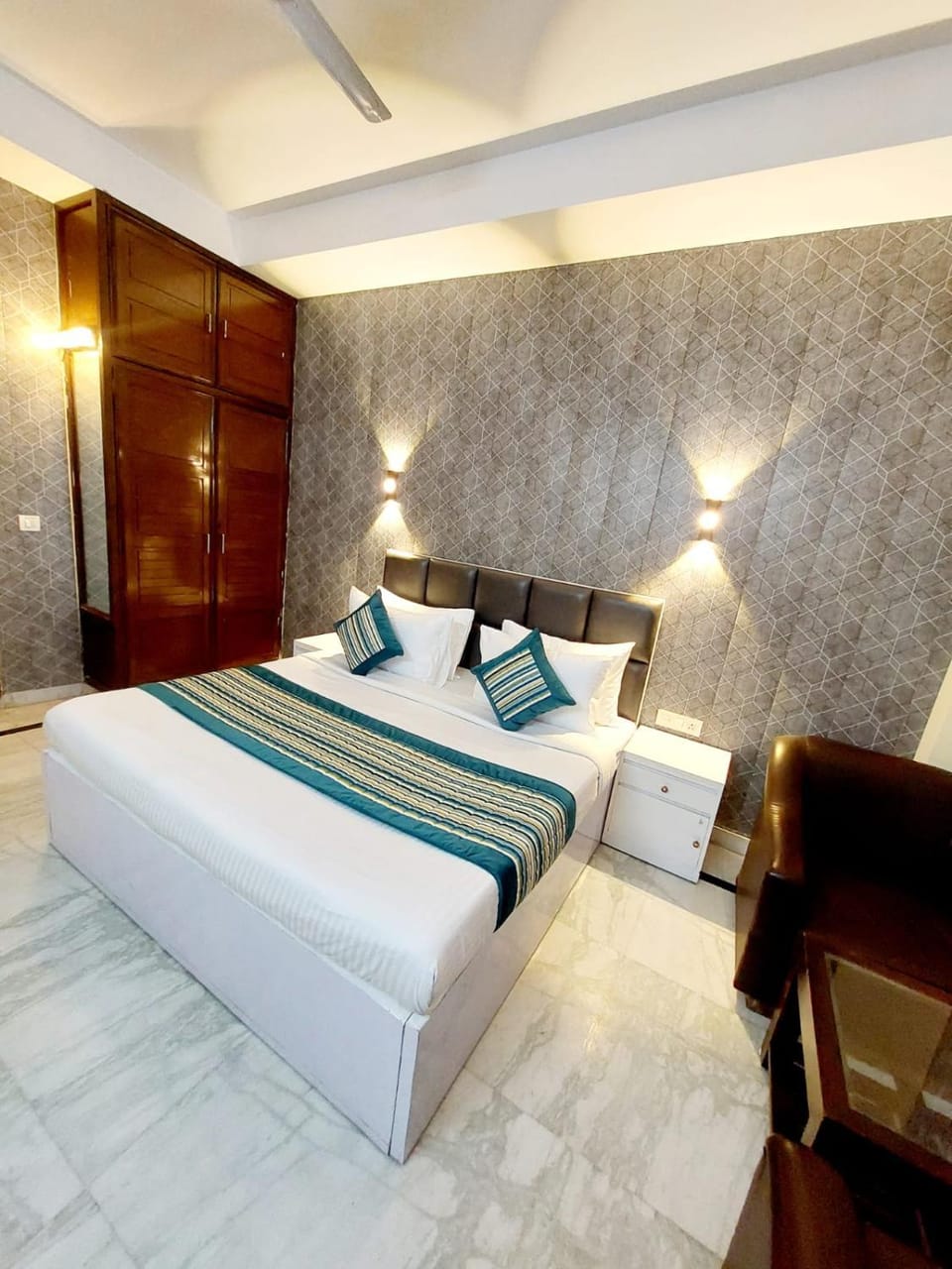Bed, wardrobe