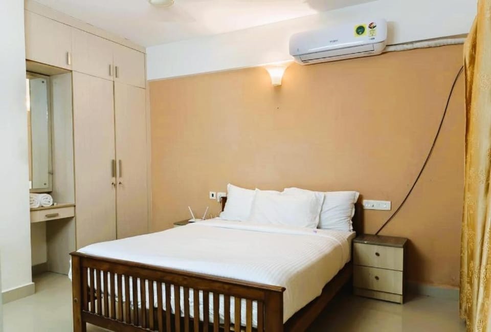 Bed, Bedroom, towels, wardrobe, air conditioner