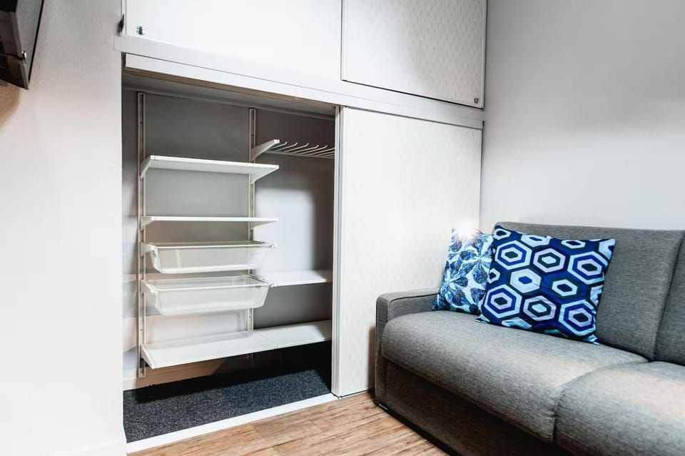 Bed, wardrobe