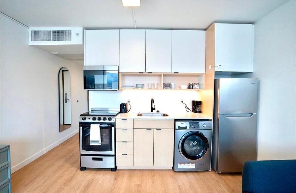 Kitchen or kitchenette, dishwasher, oven, stove, toaster, washing machine, dryer