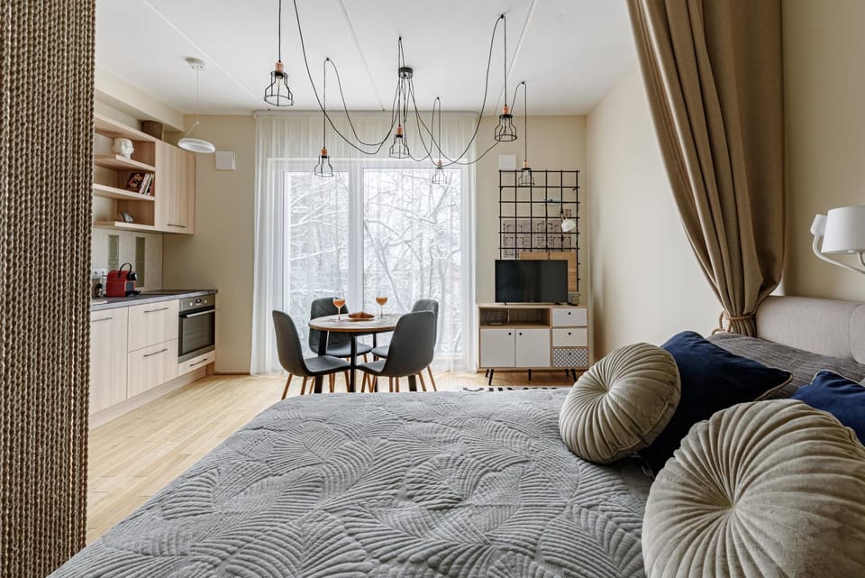 Bed, TV and multimedia, Kitchen or kitchenette, Photo of the whole room, Seating area