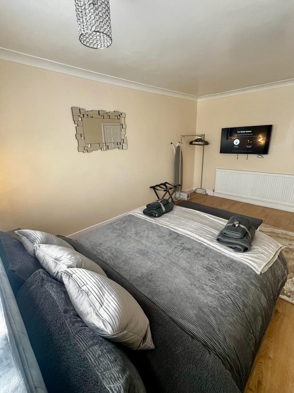 Bed, TV and multimedia, flat iron, wardrobe