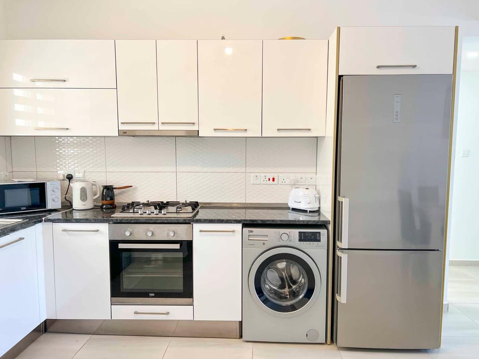 Kitchen or kitchenette, dishwasher, oven, stove, toaster, washing machine