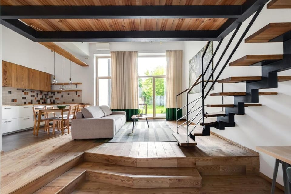 Kitchen or kitchenette, Living room, Seating area, Dining area