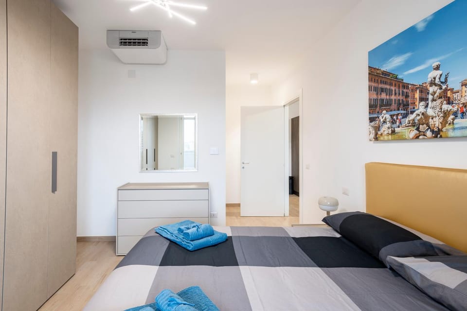 Bed, Photo of the whole room, Bedroom, towels, wardrobe, air conditioner