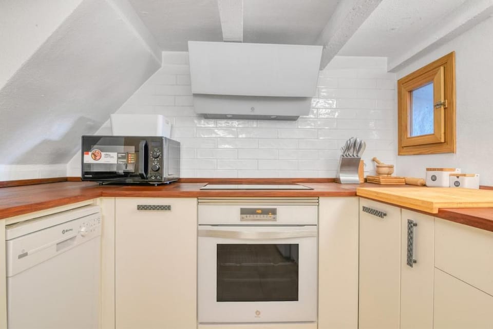 Kitchen or kitchenette, dishwasher, oven, stove