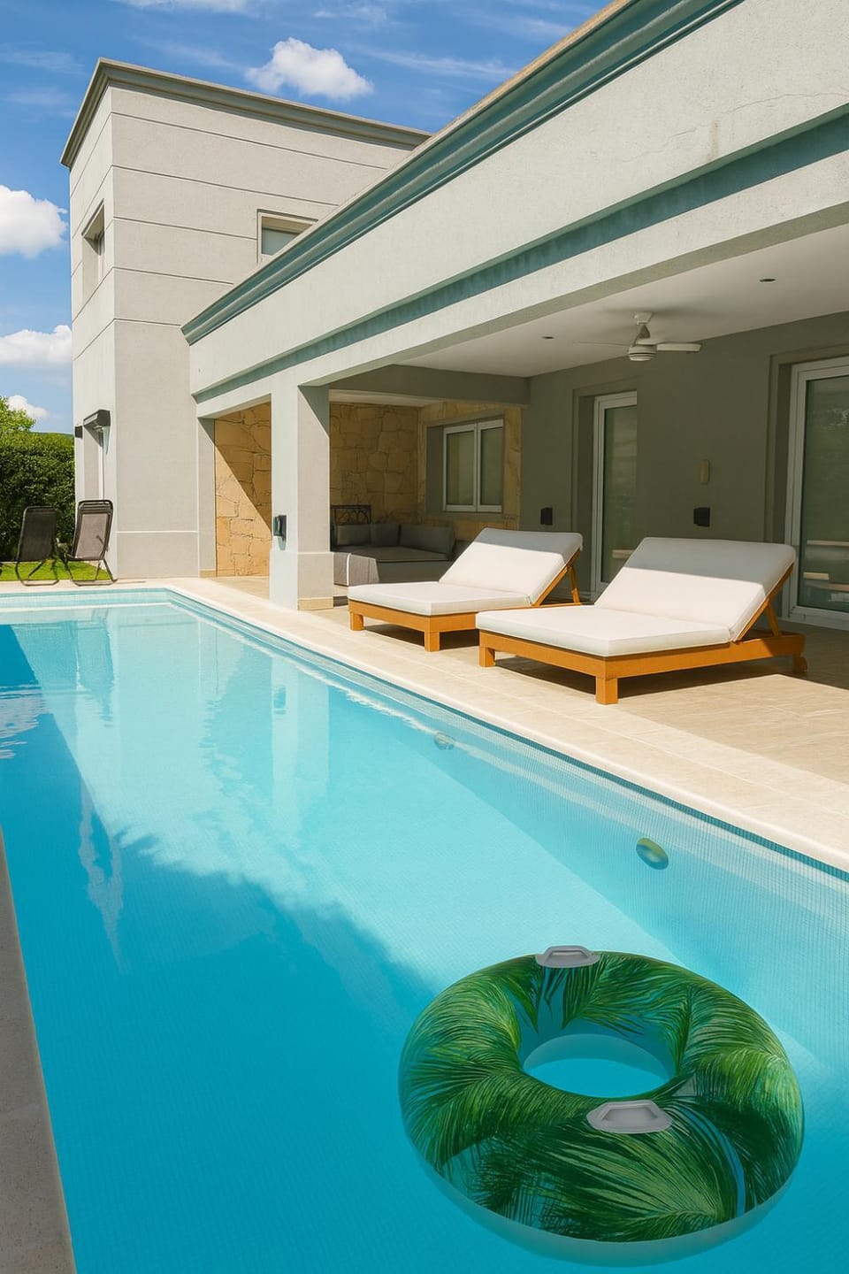 Property building, Patio, Day, Living room, Seating area, Pool view, Swimming pool, sunbed