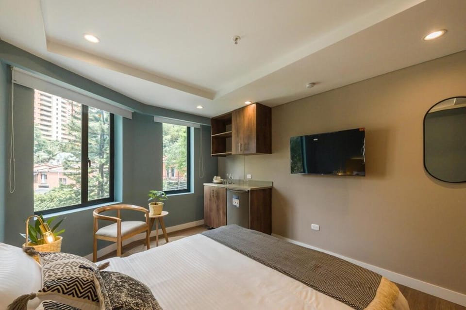 Bed, TV and multimedia, Kitchen or kitchenette, Photo of the whole room, Bedroom, Garden view