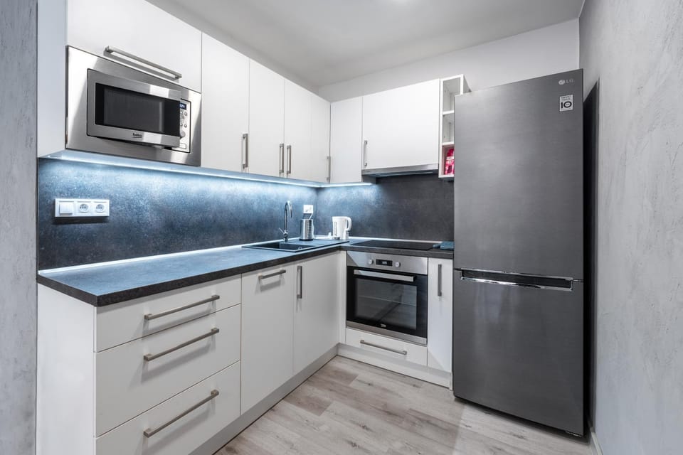 Kitchen or kitchenette, dishwasher, oven, stove