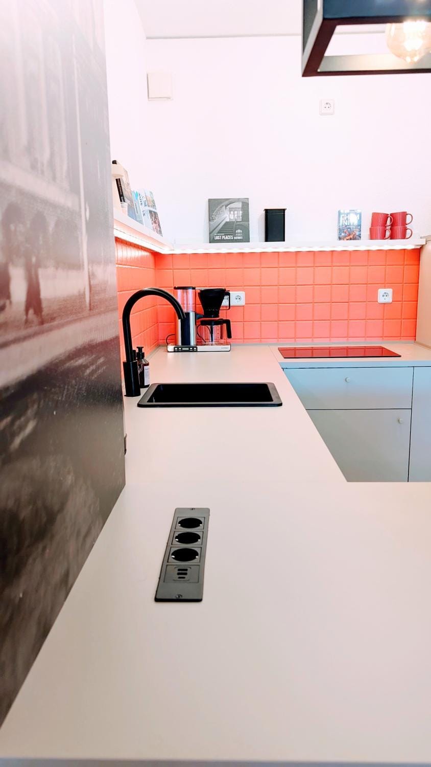 Kitchen or kitchenette, stove