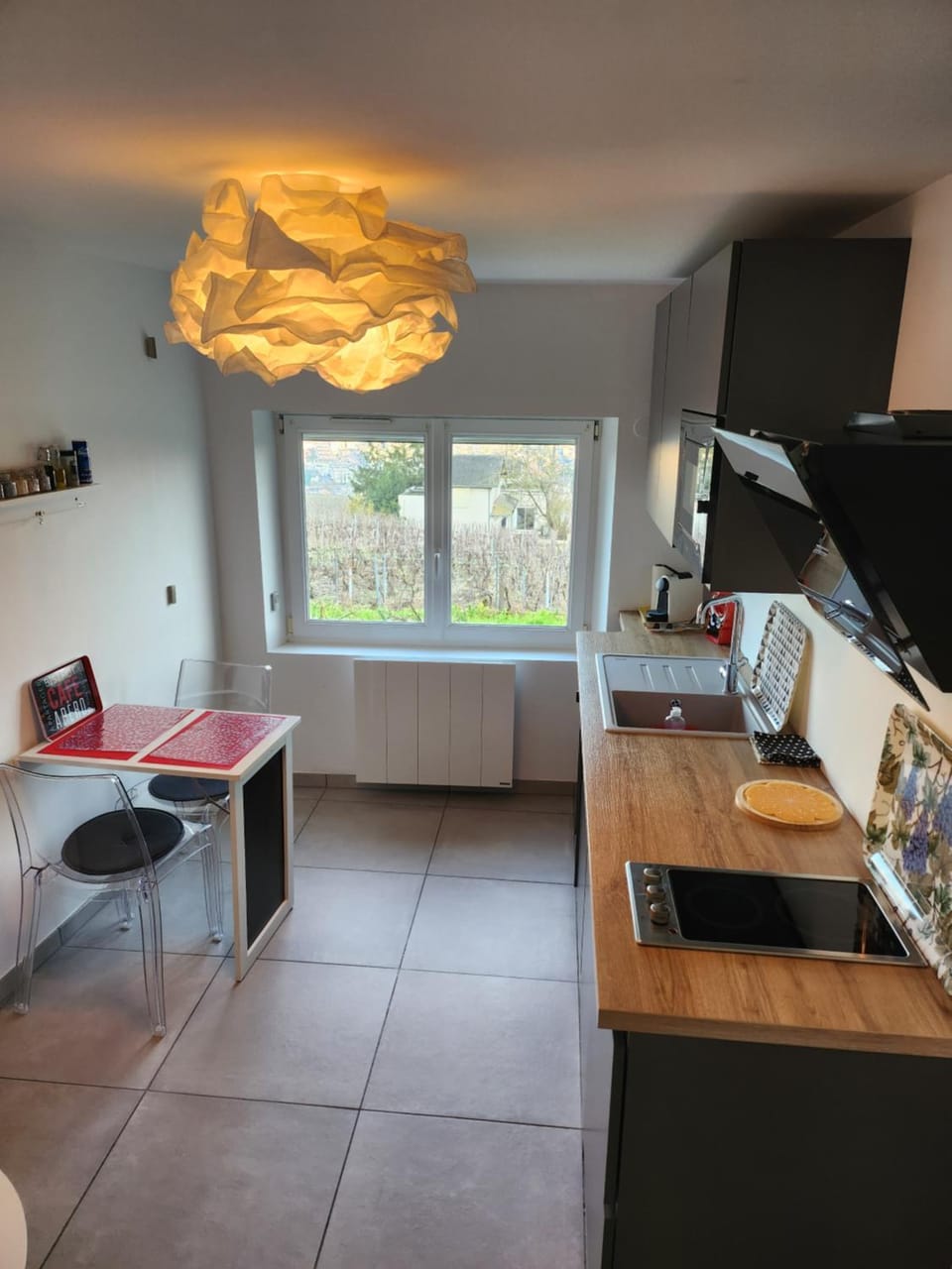 Kitchen or kitchenette, Living room, Dining area, City view, Garden view, oven, stove, washing machine