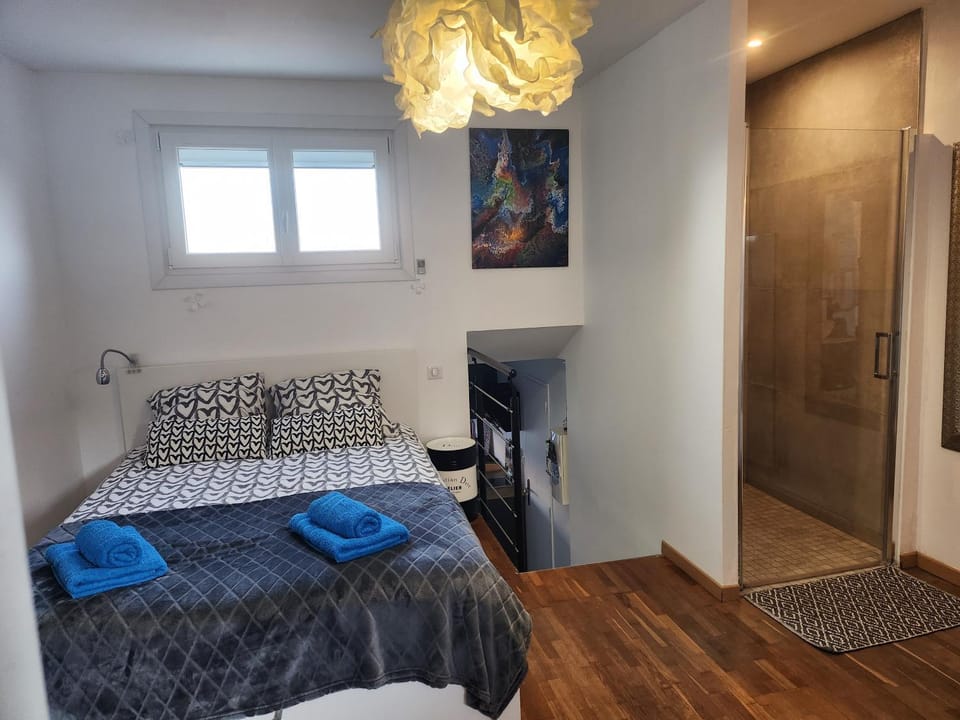 Shower, Bed, Photo of the whole room, Bedroom, towels