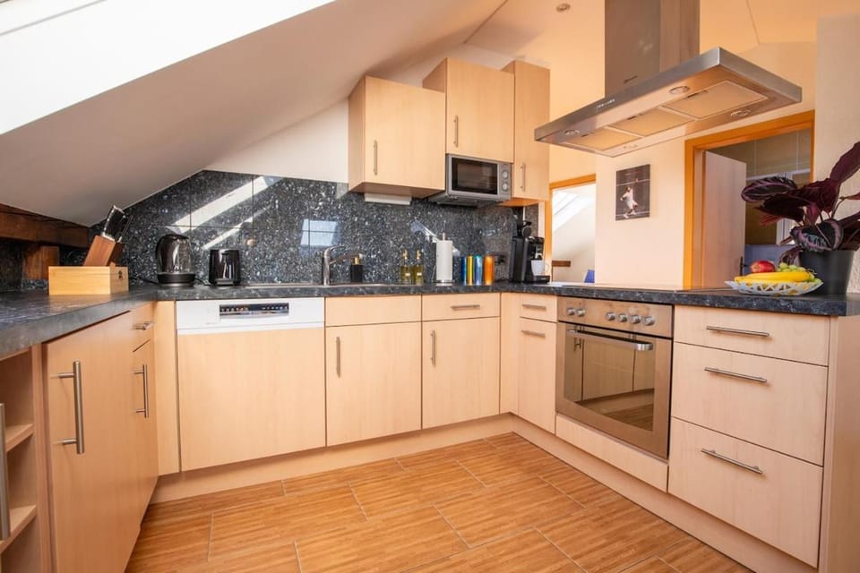 Kitchen or kitchenette, dishwasher, oven, stove