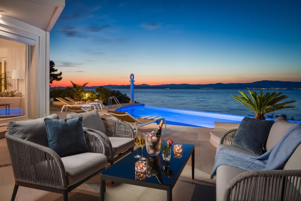 Summer, Sea view, Swimming pool, Sunset