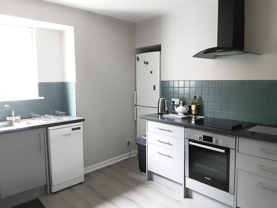 Kitchen or kitchenette, dishwasher, oven, stove, toaster, washing machine