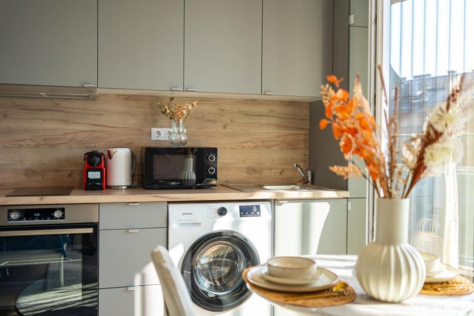 Coffee/tea facilities, microwave, oven, stove, washing machine, kitchen