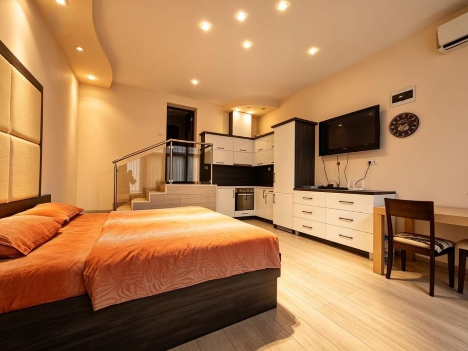 Bed, TV and multimedia, Kitchen or kitchenette, Photo of the whole room, oven, air conditioner