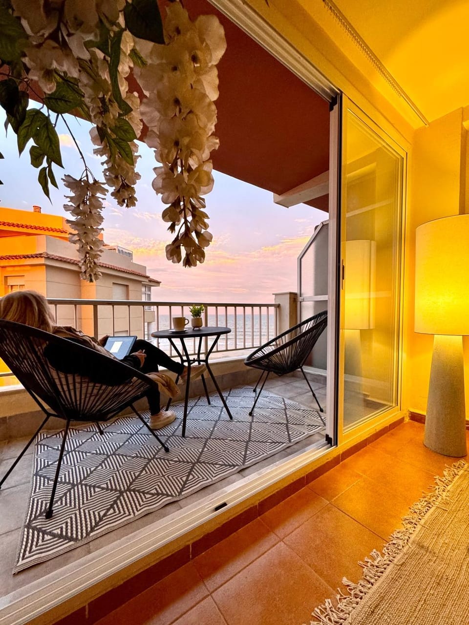 Day, Natural landscape, View (from property/room), Balcony/Terrace, Living room, Beach, Sunset
