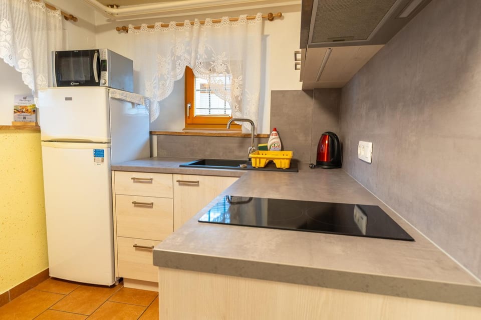 Kitchen or kitchenette, microwave, stove