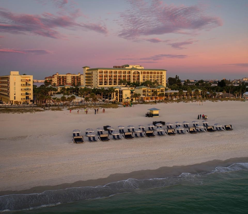 Property building, Beach, Sunset, sunbed