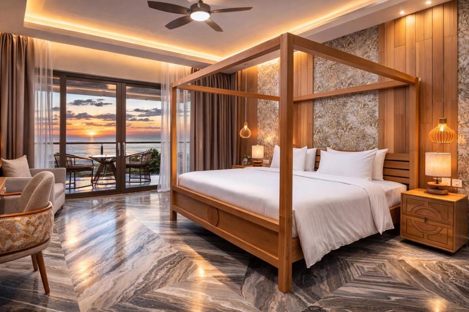 Bed, Balcony/Terrace, Bedroom, Sea view, Sunrise, Sunset