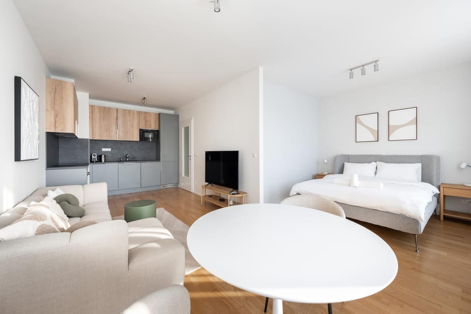Bed, TV and multimedia, Kitchen or kitchenette, Living room, Photo of the whole room, Seating area, Bedroom