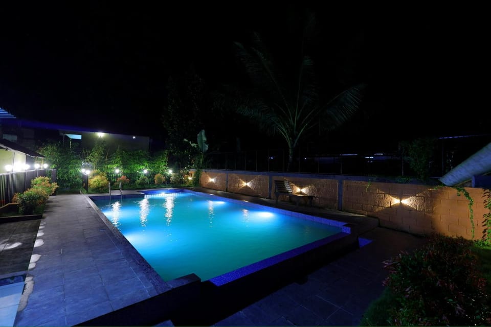 Night, Pool view, Swimming pool, sunbed