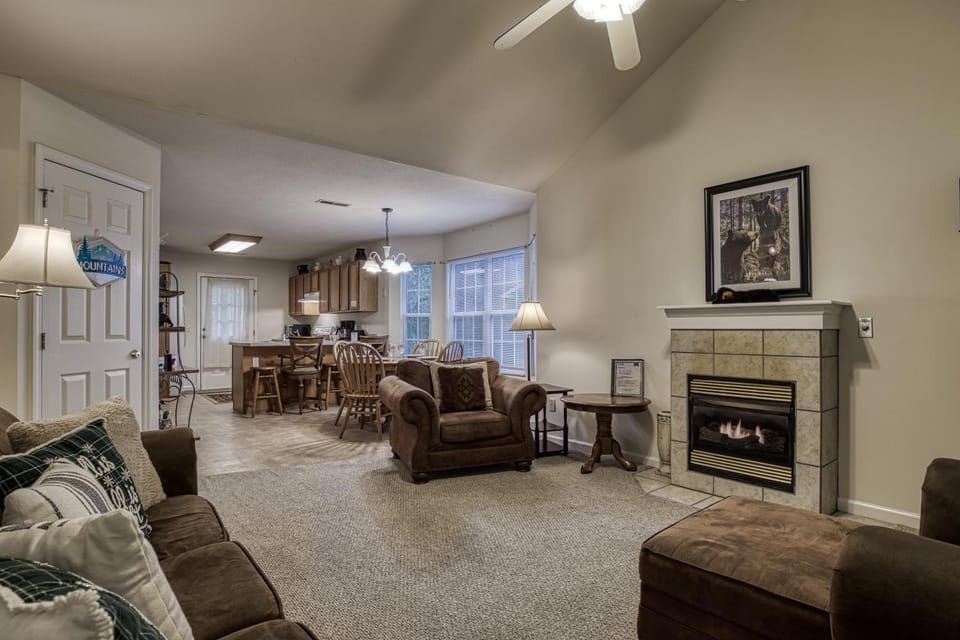 Kitchen or kitchenette, Living room, Decorative detail, Seating area, Dining area, fireplace, kitchen