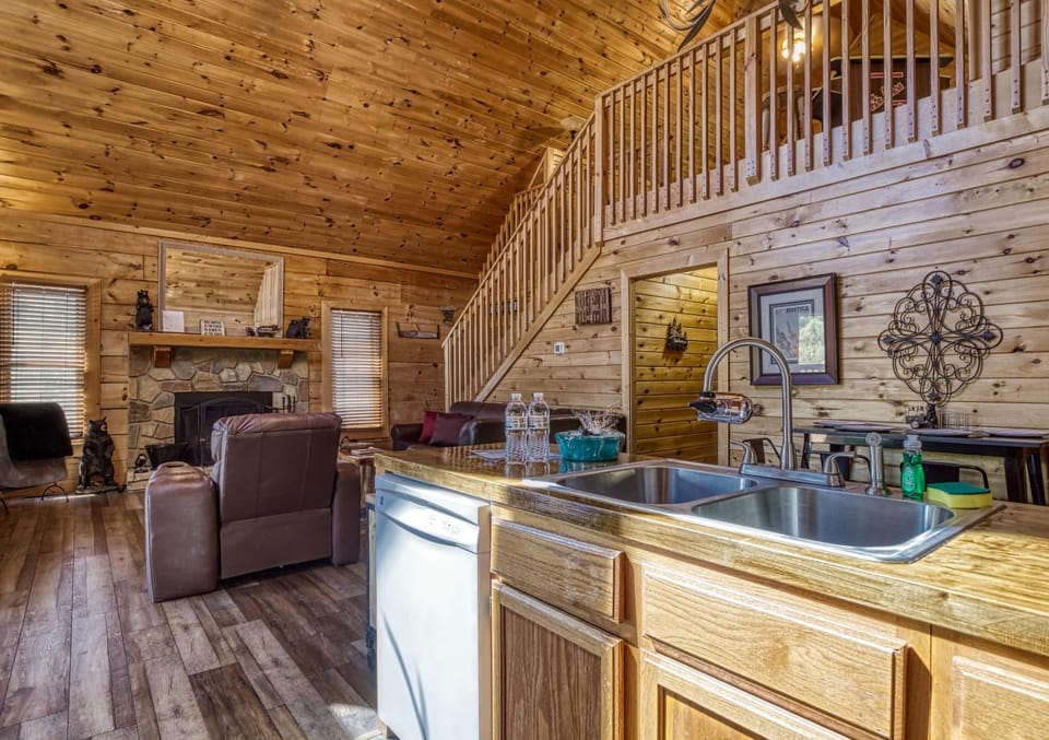 Kitchen or kitchenette, Living room, Seating area, dishwasher, fireplace